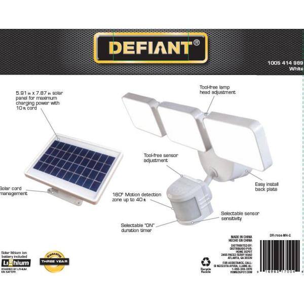 Defiant 180 Degree Integrated LED Motion Sensor Solar Powered White 3-Head Outdoor Flood Light DFI-7004-WH