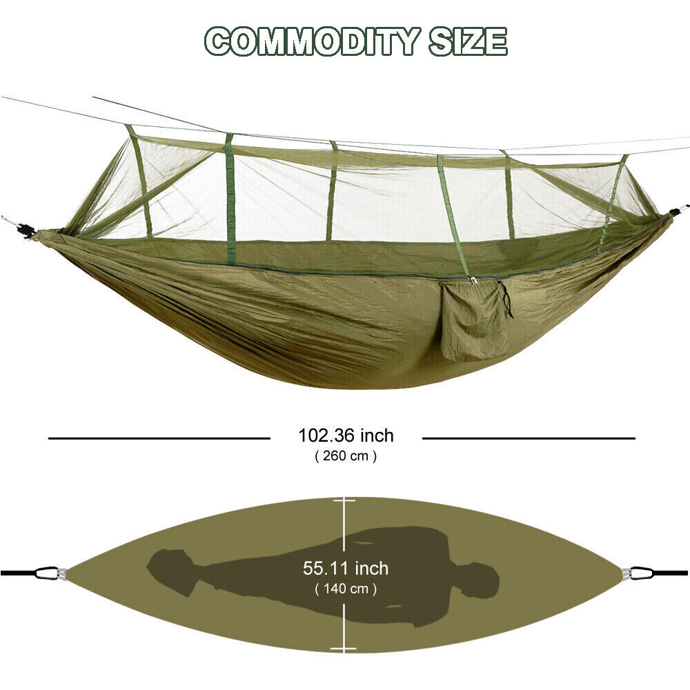 IClover Portable 2 Persons Outdoor Camping Jungle with Mosquito Net Garden Hanging Nylon Bed Hammock Swing Bug Net Cot for Relaxation, Traveling, Outside Leisure Green