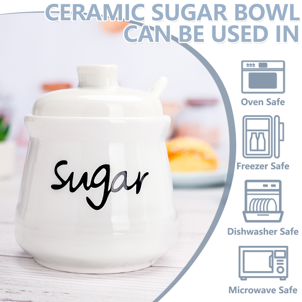 Quyimy Porcelain Sugar Bowl 12 fl oz with Lid and Spoon Ceramic Sugar Jar Dispenser Container(White)