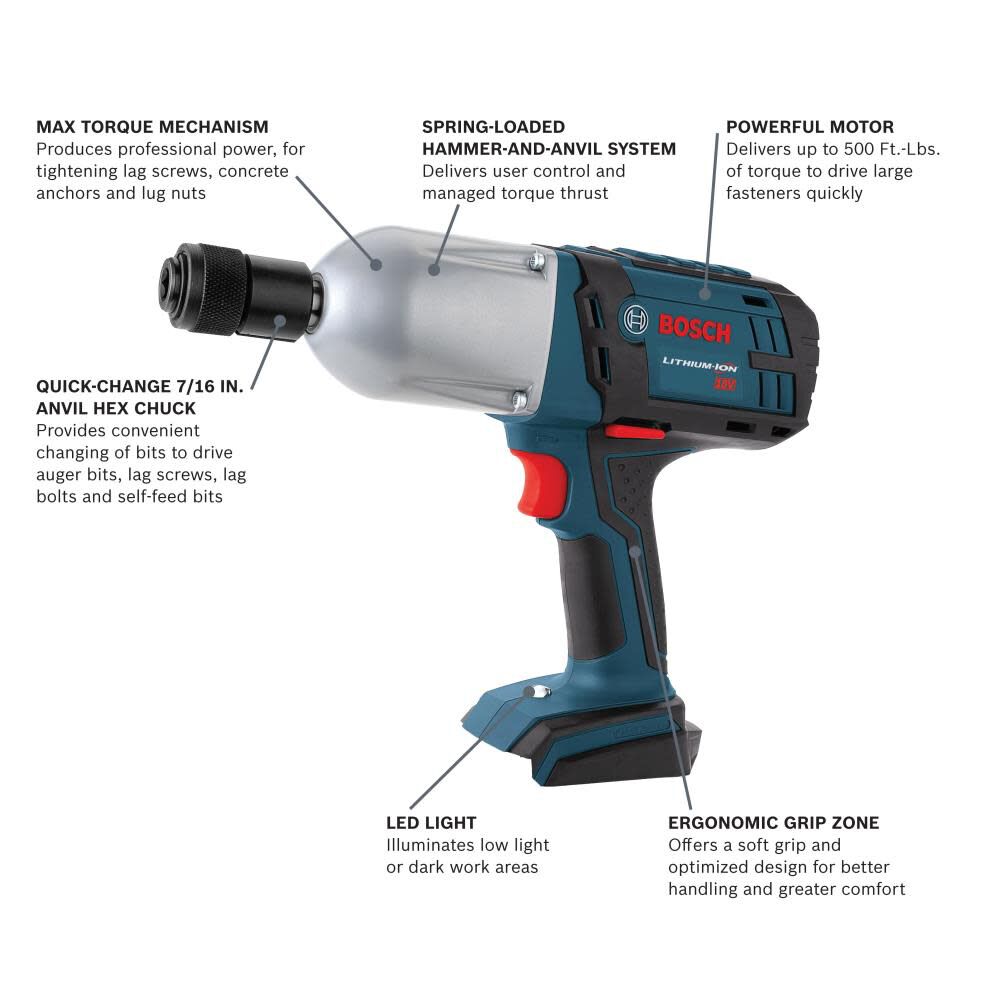 Bosch 7/16 In. Hex 18 V High Torque Impact Wrench (Bare Tool) HTH182B from Bosch