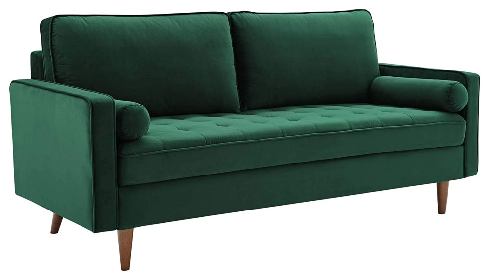 Contemporary Sofa  Green Velvet Upholstery With Tufted Seat and Bolster Pillows   Contemporary   Accent And Garden Stools   by Decor Love  Houzz