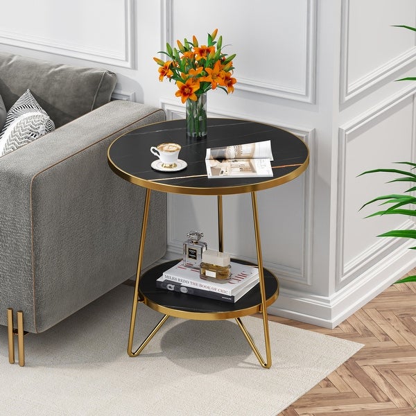 Marble Gold End Table Side Table with Shelves