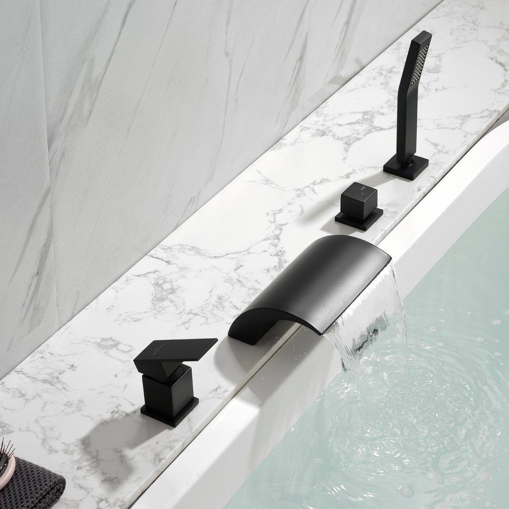 Boyel Living 2-Handle Tub Mount Roman Tub Faucet with Water Supply Lines and Hand Shower in Matte Black SMD-1720B-1