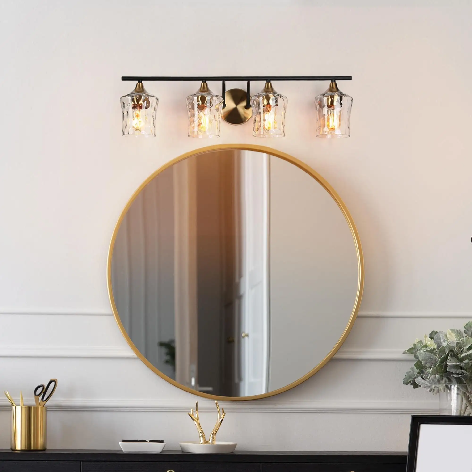 Mid-Century Modern 4-Light Black Gold Vanity Light Fixture with Hammered Glass - 28