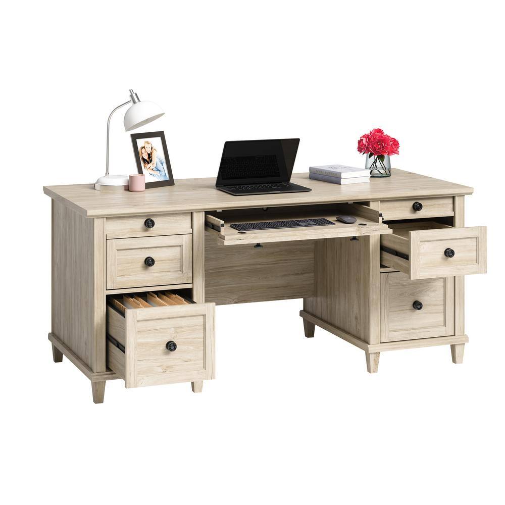 SAUDER Hammond 67.559 in. Chalk Oak Engineered Wood 6-Drawer Executive Desk with Flip-Down Keyboard Shelf 428246