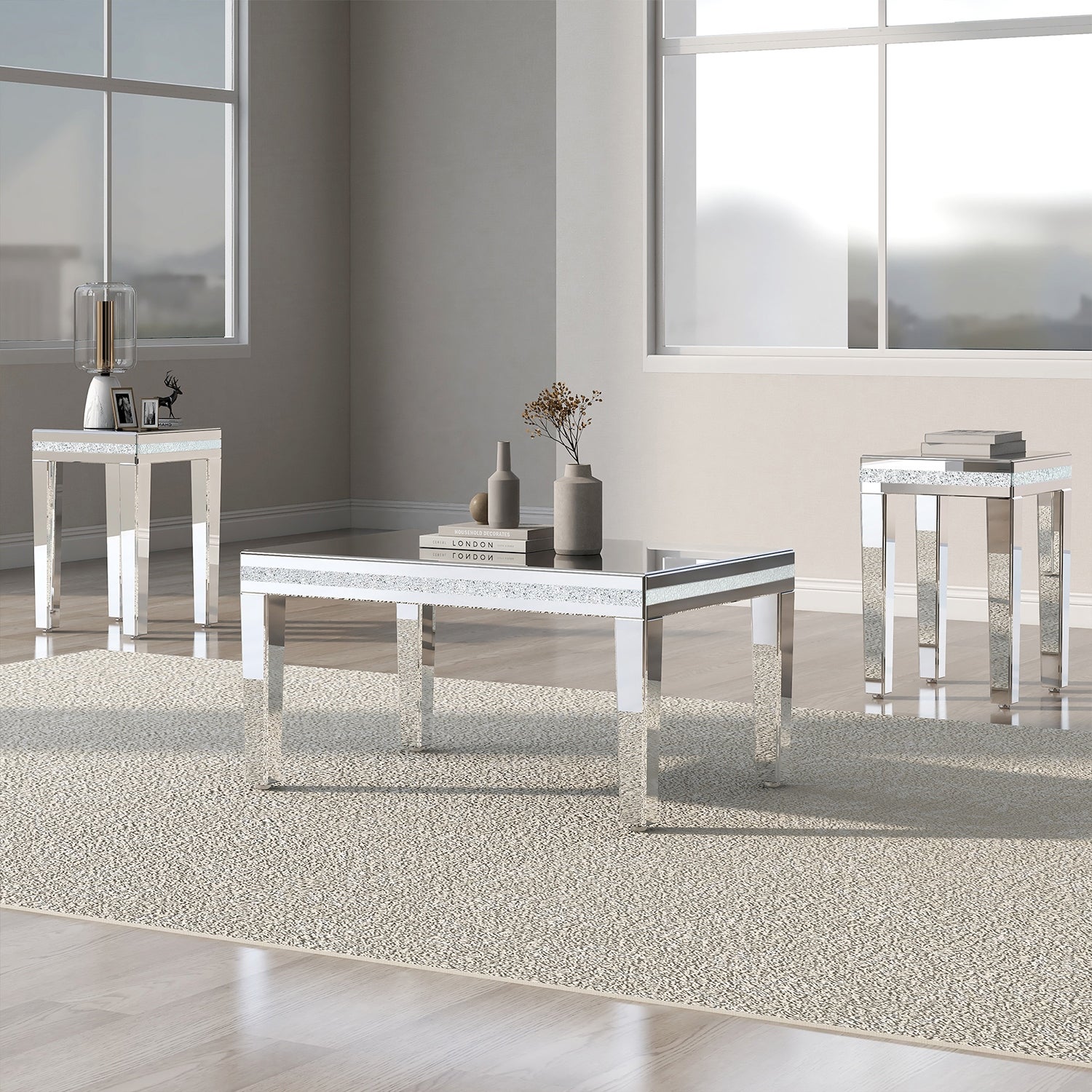 Modern Glass Mirrored Table Set with Coffee Table and 2 End Tables