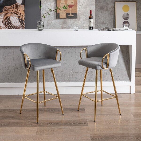 30 Inch Set of 2 Bar Stools with Chrome Footrest and Base Velvet and Golden Leg Simple Bar Stool for Kitchen