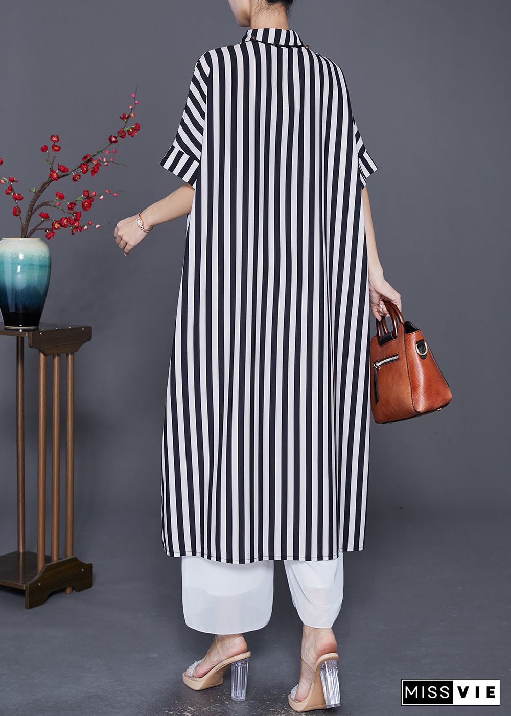 Black Striped Silk Maxi Dresses Oversized Peter Pan Collar Summer