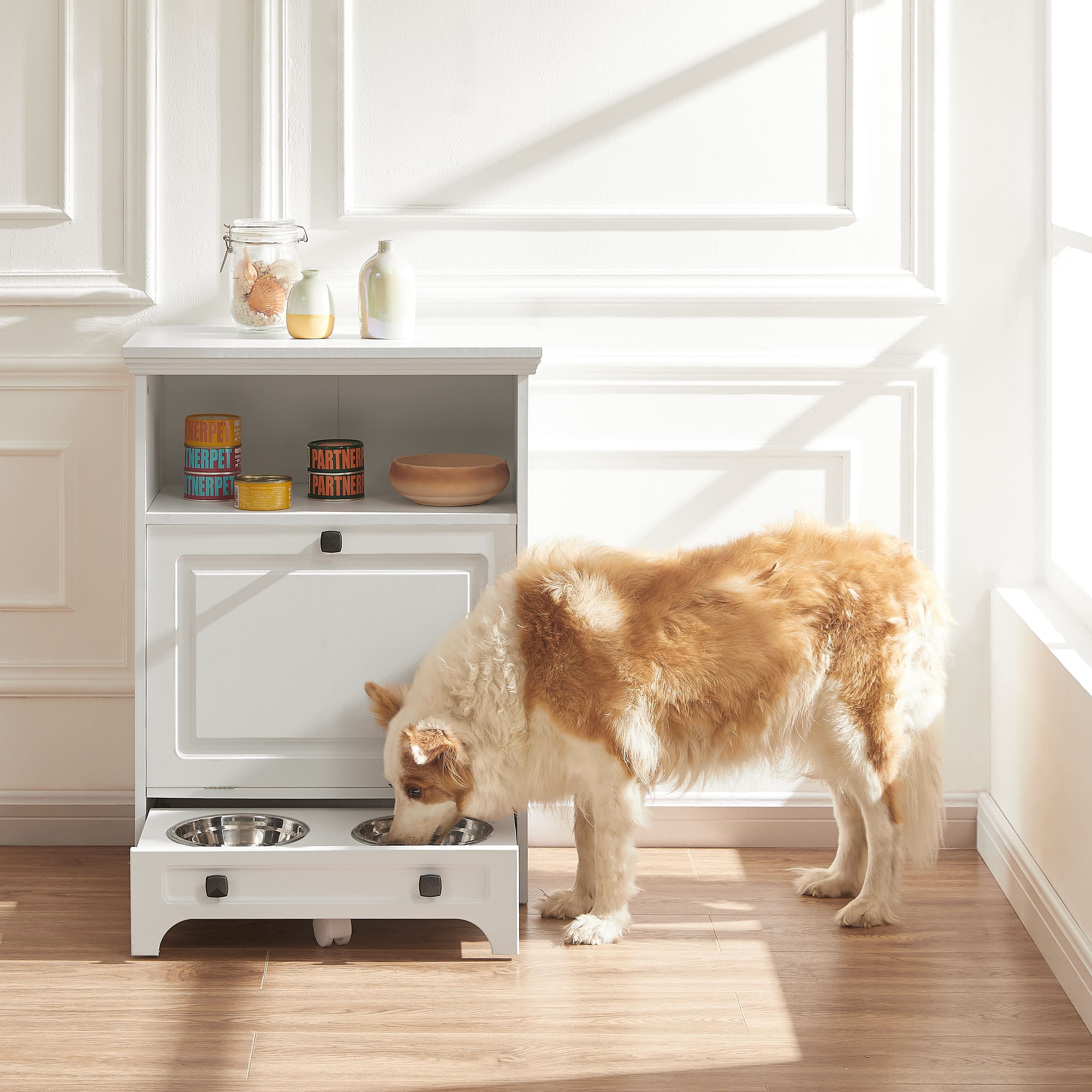 Roomfitters Modern Pet Feeding Station Furniture with 2 Elevated Dog Bowls, Pull Out Design, Pet Food Cabinet, Pet Toy Storage Organizer, White