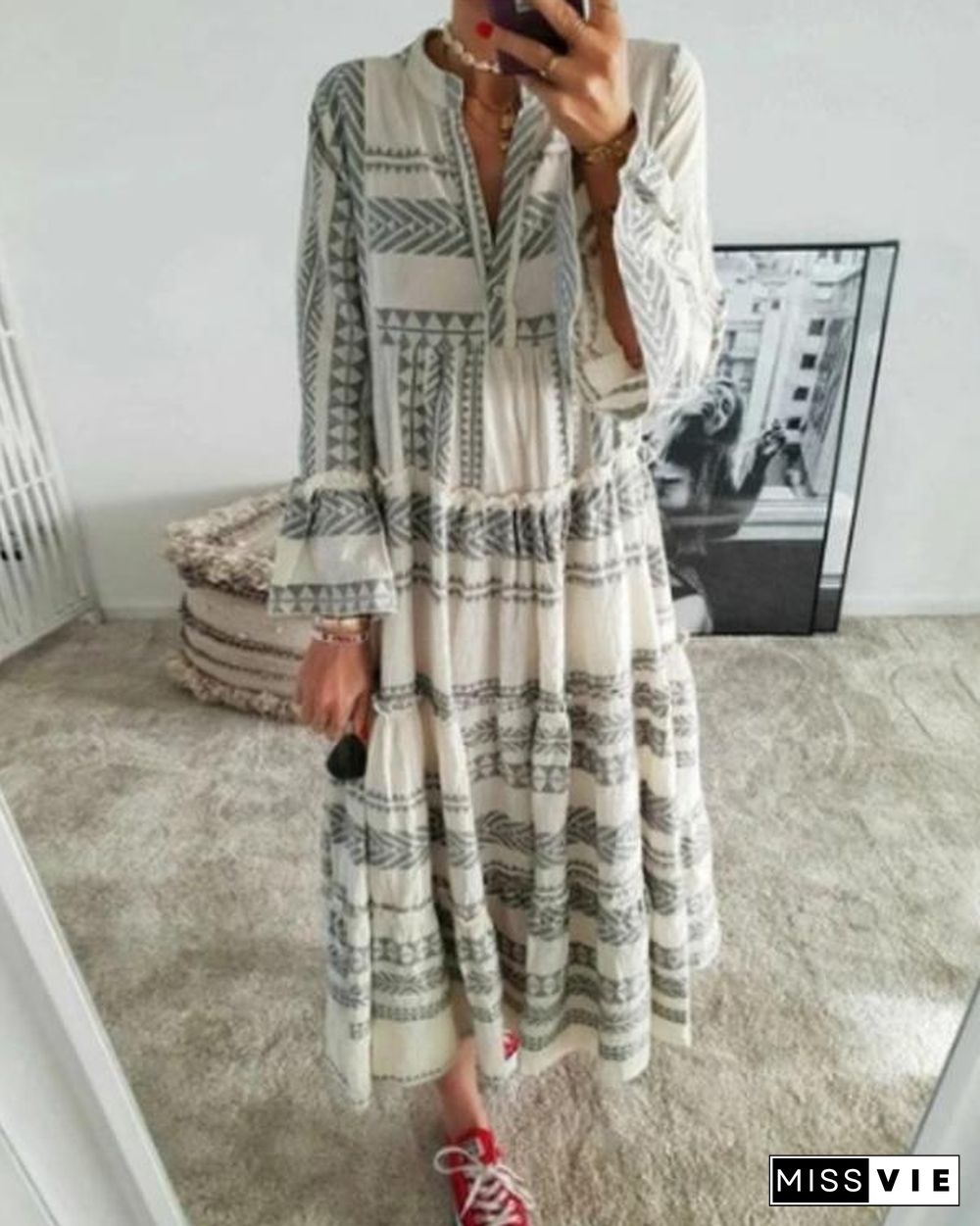 Vintage Boho Print Dress Flare Sleeve Ruffled Hem Maxi Dress