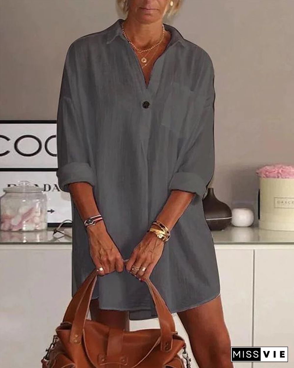 Solid Color Turn-down Collar Long Sleeve Dress