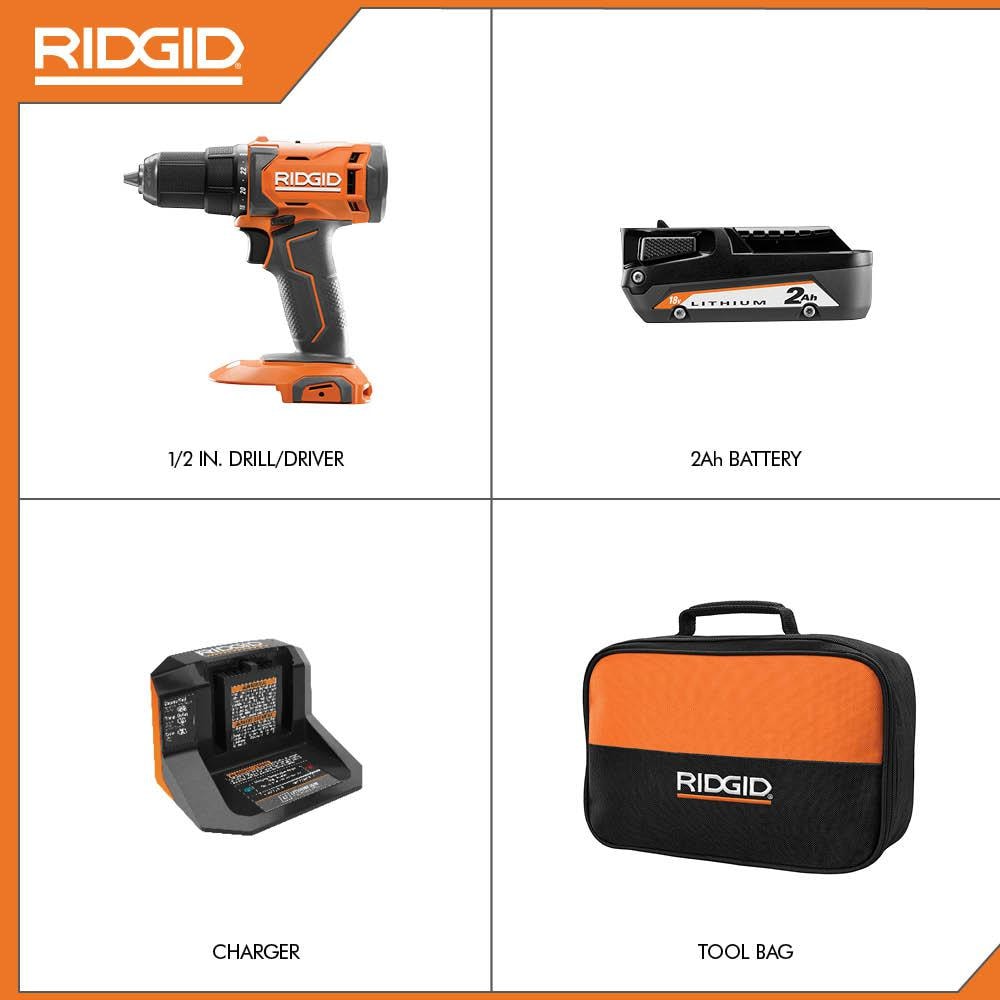 RIDGID 18V Cordless 1/2 in. Drill/Driver Kit with (1) 2.0 Ah Battery and Charger R86001K