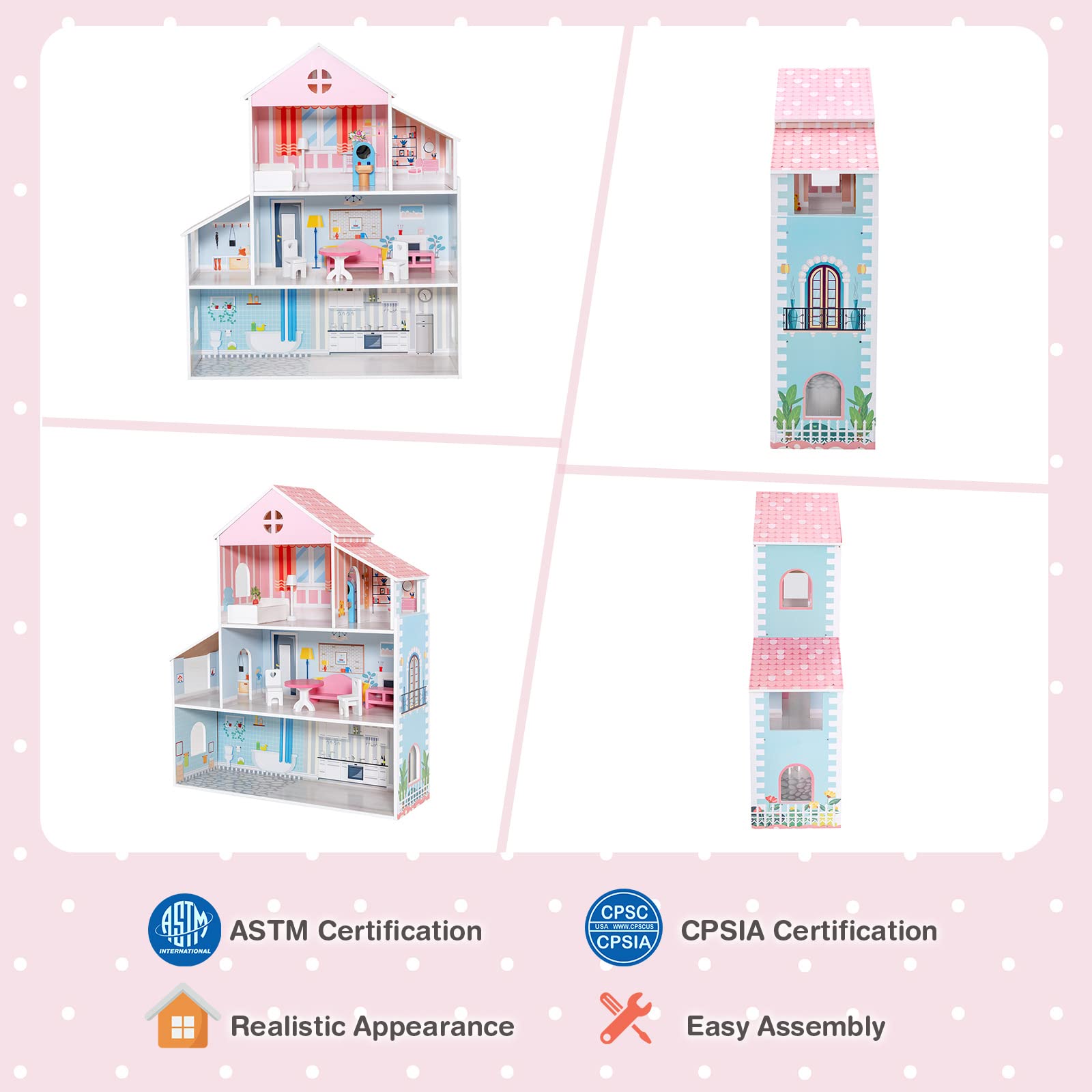 Costzon Wooden Dollhouse, 3-Story Pretend Play Doll House with Living Room Bedroom