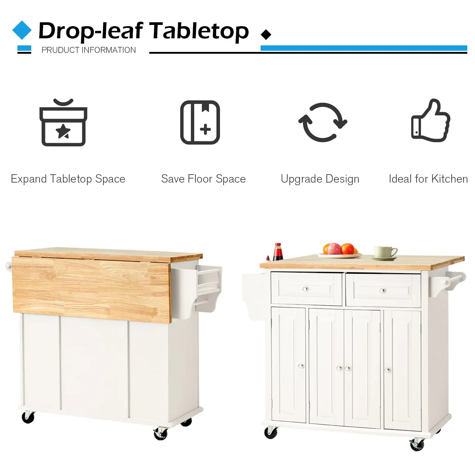 Rolling Kitchen Island Cart with Storage， Kitchen Cart with Drop-Leaf Rubber Wood Tabletop， Lockable Wheels， Trolley Cart Utility Cabinet， Towel Rack， Spice Rack Off-White