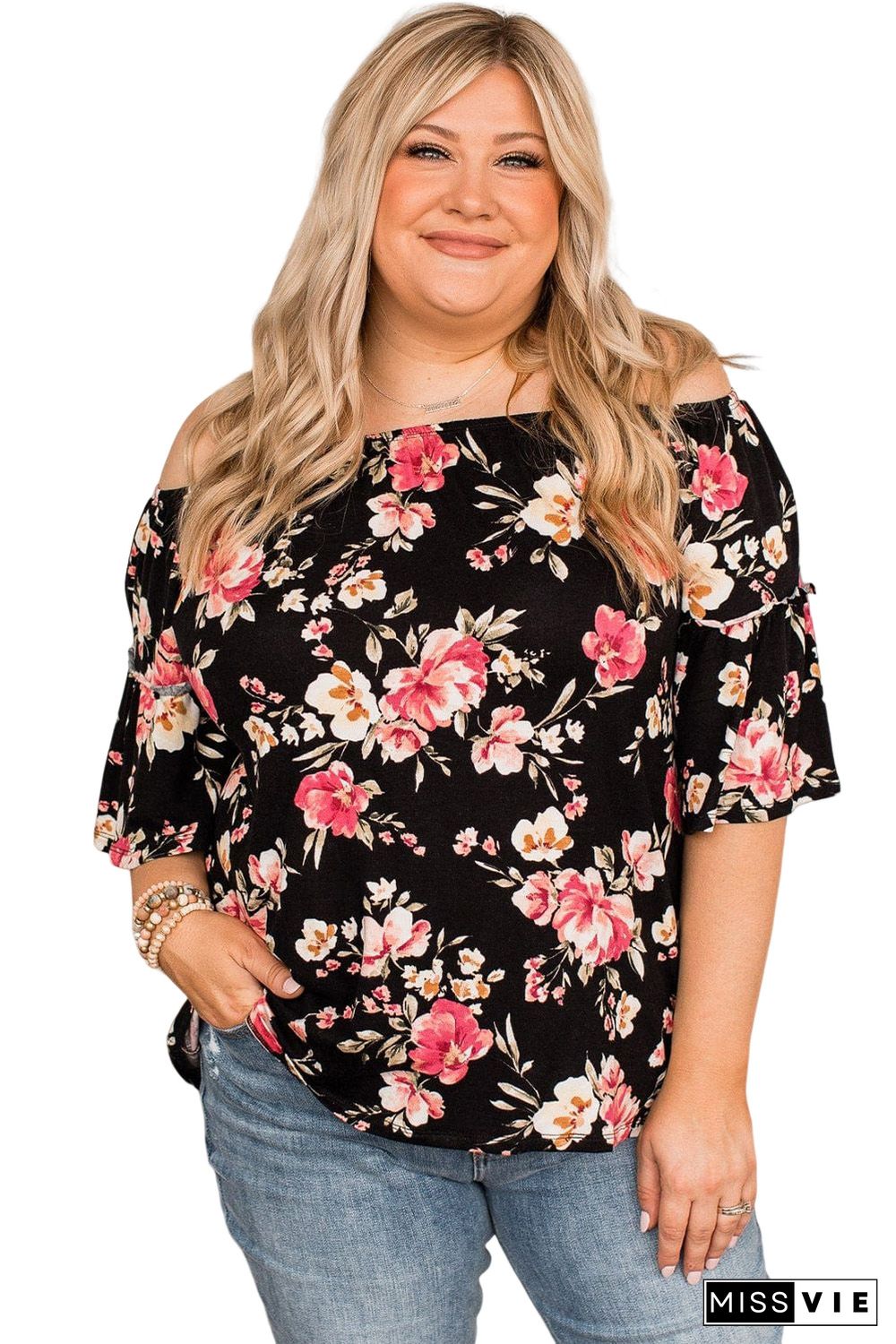 Black Floral Print Off Shoulder Plus Size Blouse