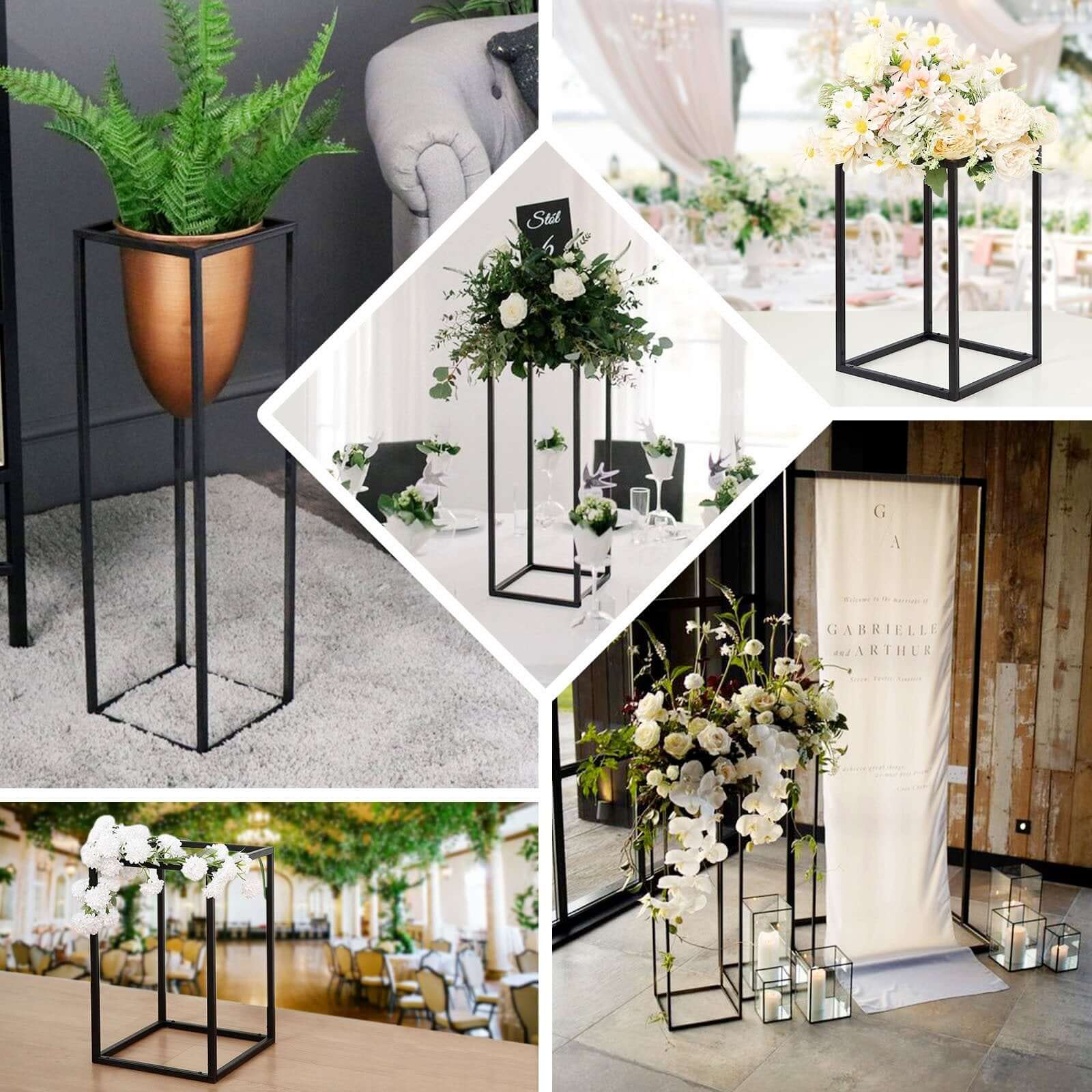 2 Pack Rectangular Matte Black Metal Wedding Flower Stand, Geometric Column Frame Centerpiece 12