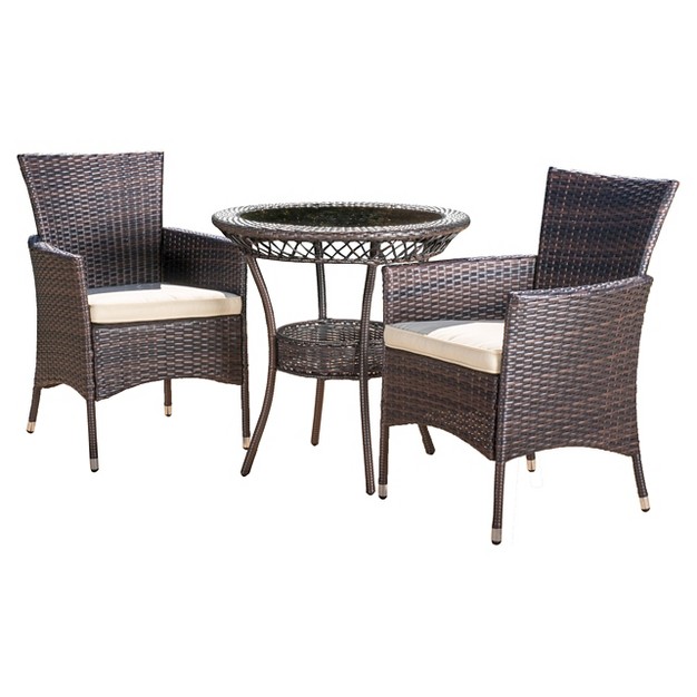 Parker 3 piece Wicker Patio Bistro Seating Set With Cushions Brown Christopher Knight Home