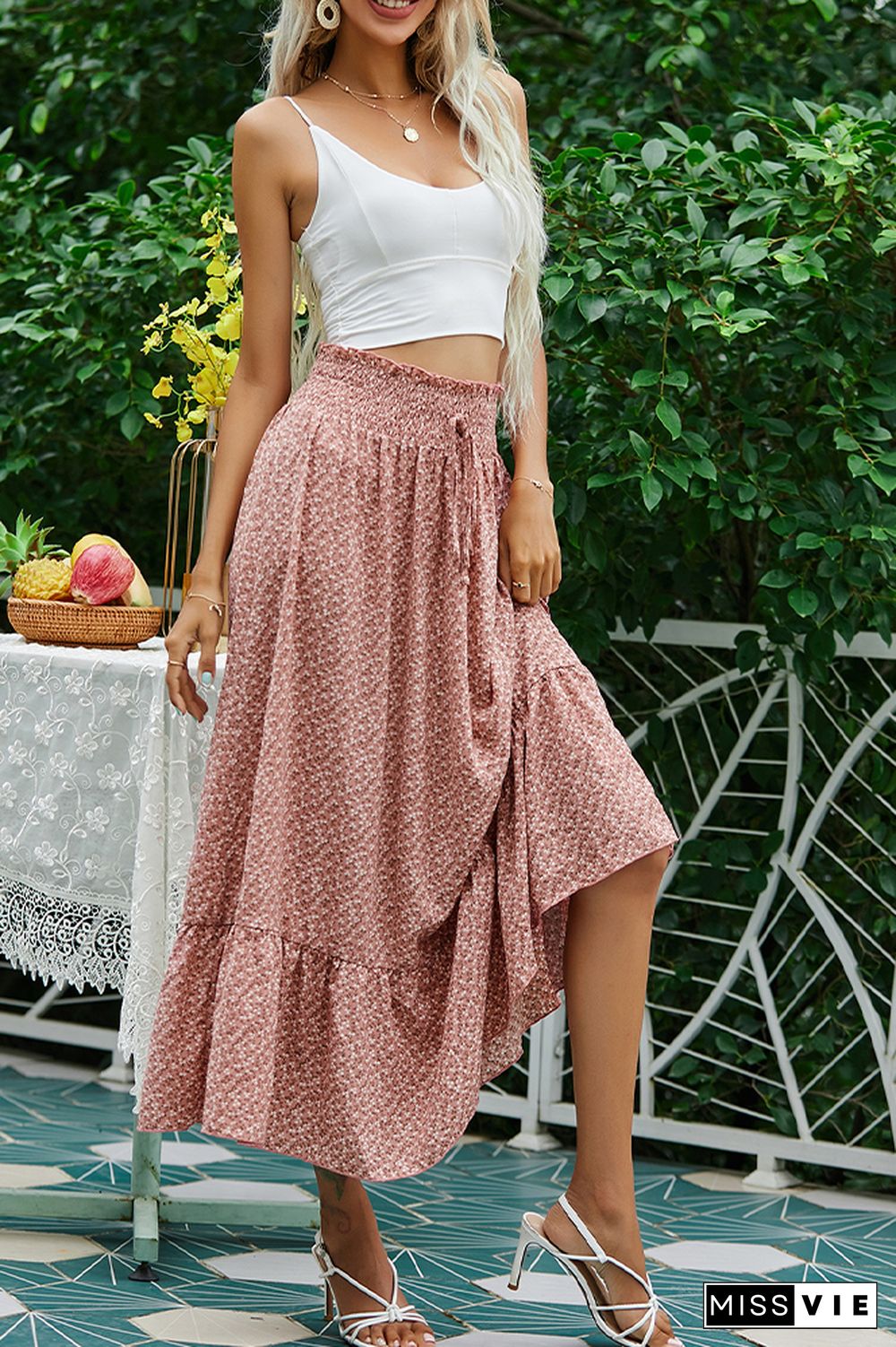 Red Floral Print Ruffled Drawstring High Waist Maxi Skirt