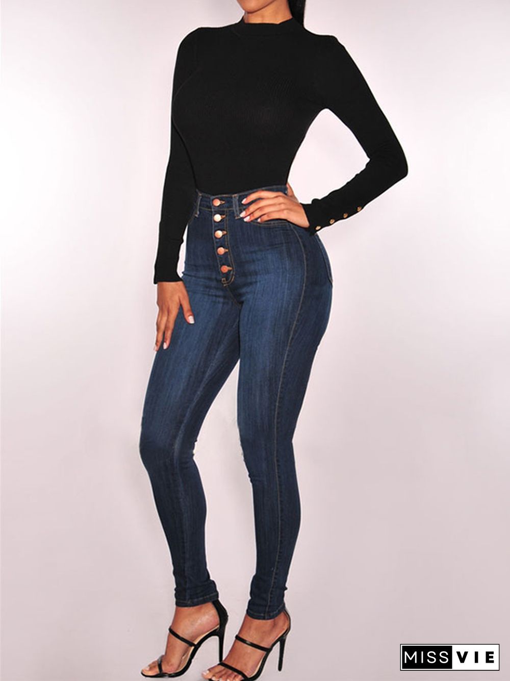 Skinny Leg High-Waisted Split-Joint Jean Pants Bottoms