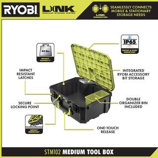 RYOBI LINK Rolling Tool Box with Medium Tool Box Standard Tool Box and Tool Crate STM201-STM102-STM101-STM104