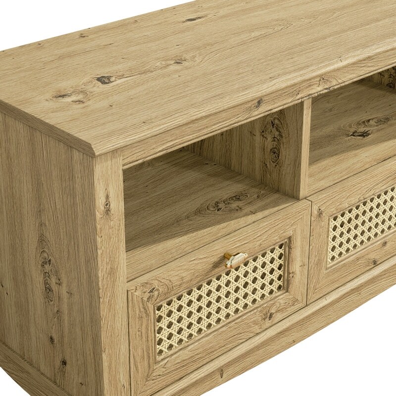 55 inch Rustic Wood TV Stand with Wicker Door Design for TVs up to 65\