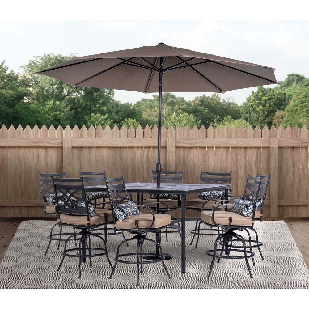 Hanover Montclair 9 Piece High Dining Set in Tan with 8 Counter Height Swivel Rockers  60 In. Square Table and 11 Ft. Umbrella