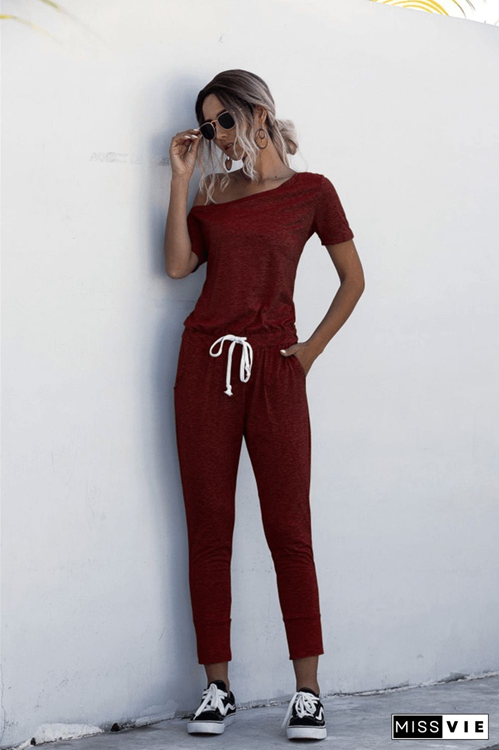 Fashion Off The Shoulder Solid Color Jumpsuit