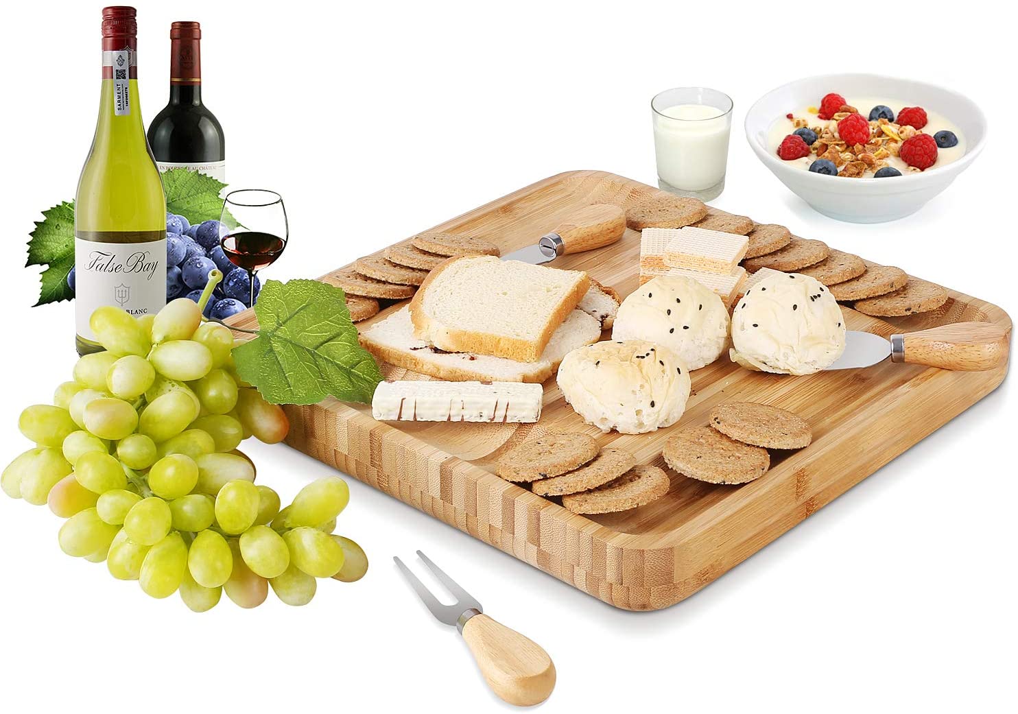 Bamboo Cheese Board Cheese Platter with Utensils Set and 4 Stainless Steel Cutting Knives Cracker and Meat Serving Tray for Display， Decorations， and Cheese Lovers