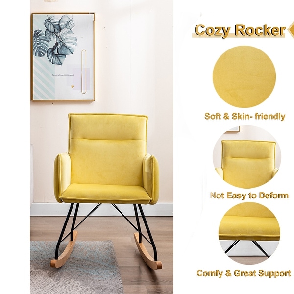 Velvet Rocking Chair， Upholstered Accent Rocker Chair， Yellow - 23