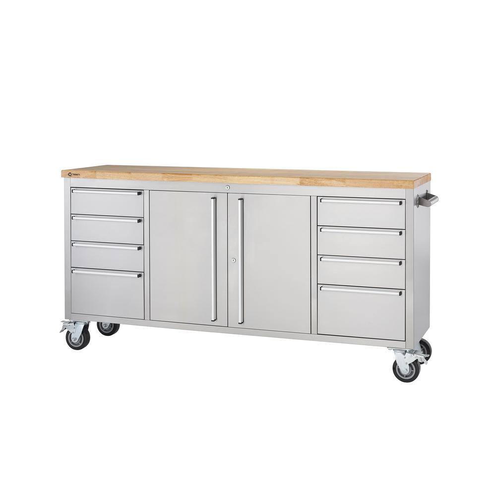 Trinity 6 ft. 8-Drawer Stainless-Steel Corner Rolling Mobile Workbench with Storage TLS-7204