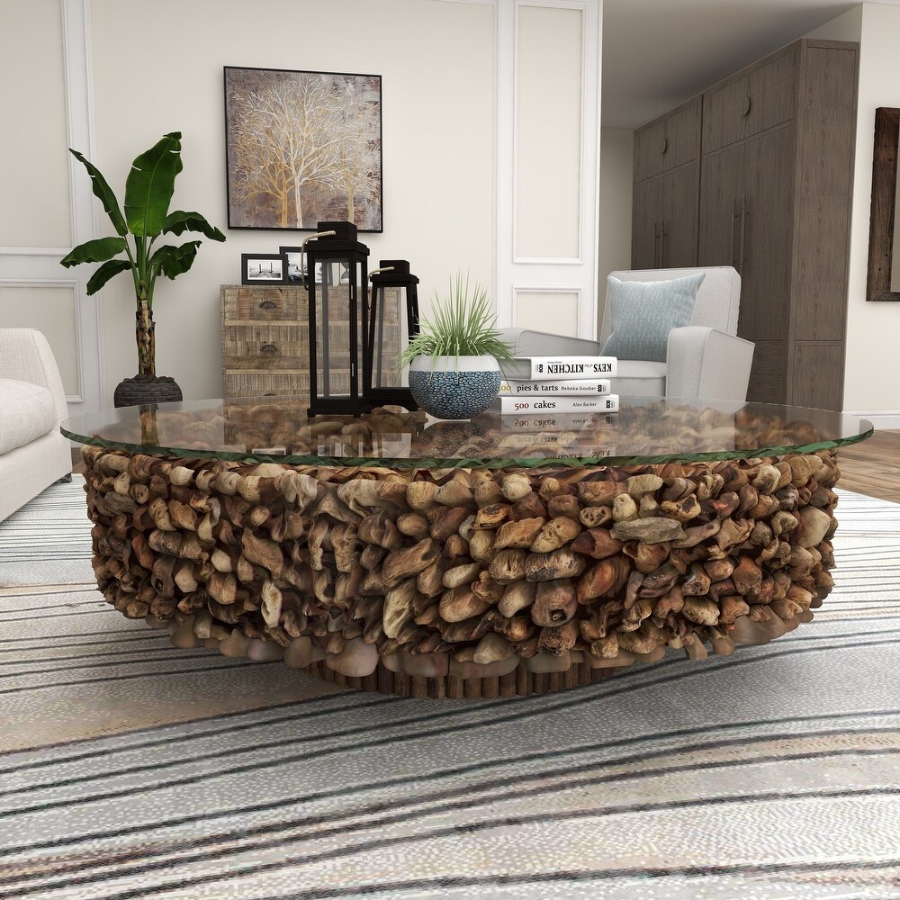 Brown Driftwood Handmade Collage and Pedestal Base Coffee Table with Tempered Glass Top   48\