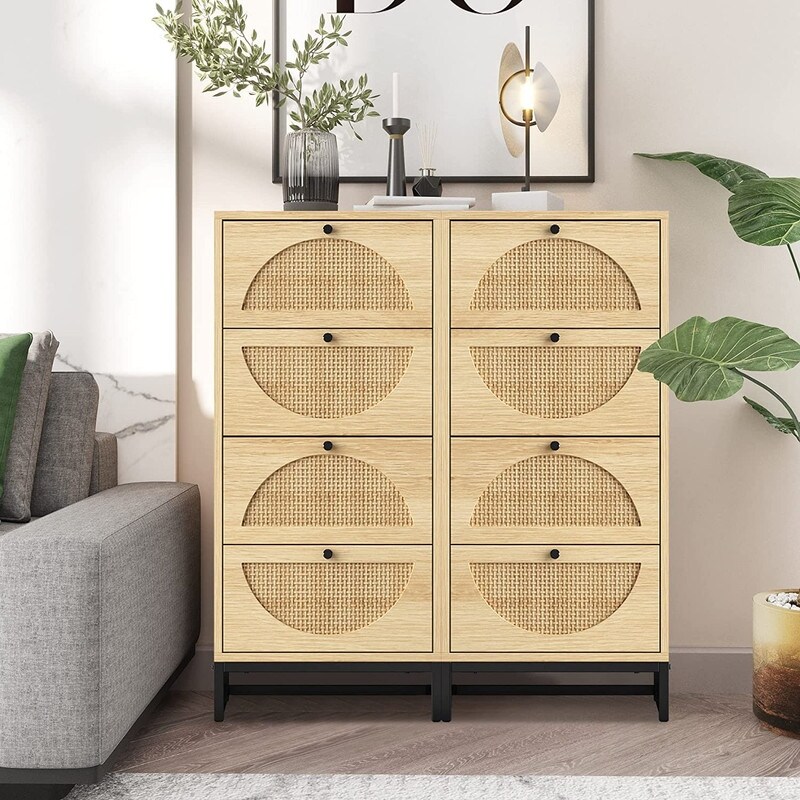 Boho Dresser Tower， Free Standing Storage Cabinet with 4 Rattan Drawers， Hallway Wooden Tall Storage Dressers Drawer Units - - 35711439