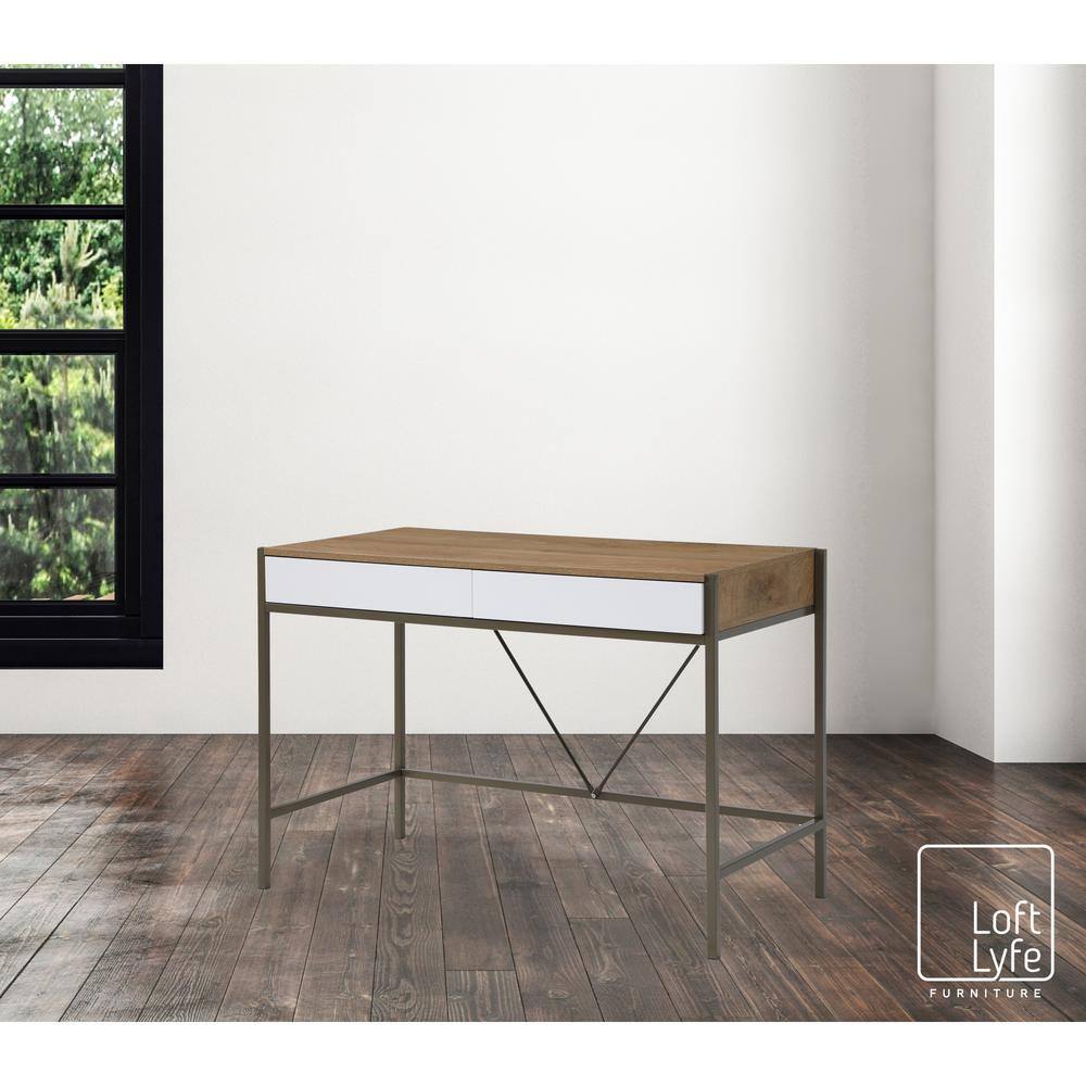 Loft Lyfe Marisa 21.7 in. Wide Rectangular NaturalBronze Wooden 2-Drawers Writing Desk with Steel Legs LDK338-09BZ-HD