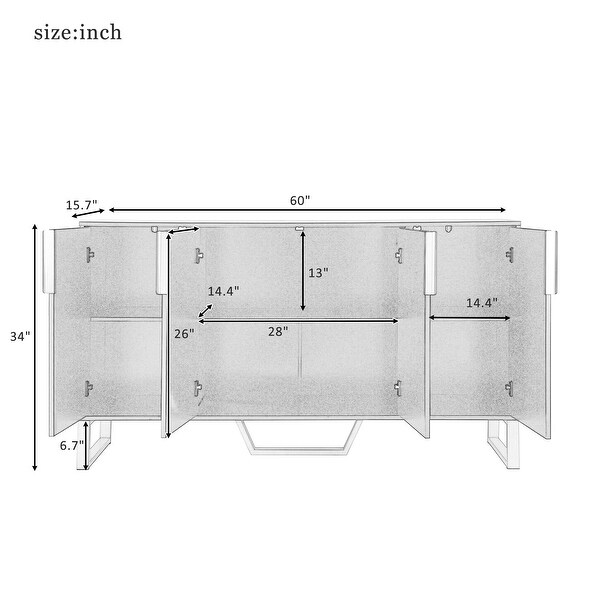 Modern sideboard with Four Doors， Metal handles and Legs and Adjustable Shelves Kitchen Cabinet