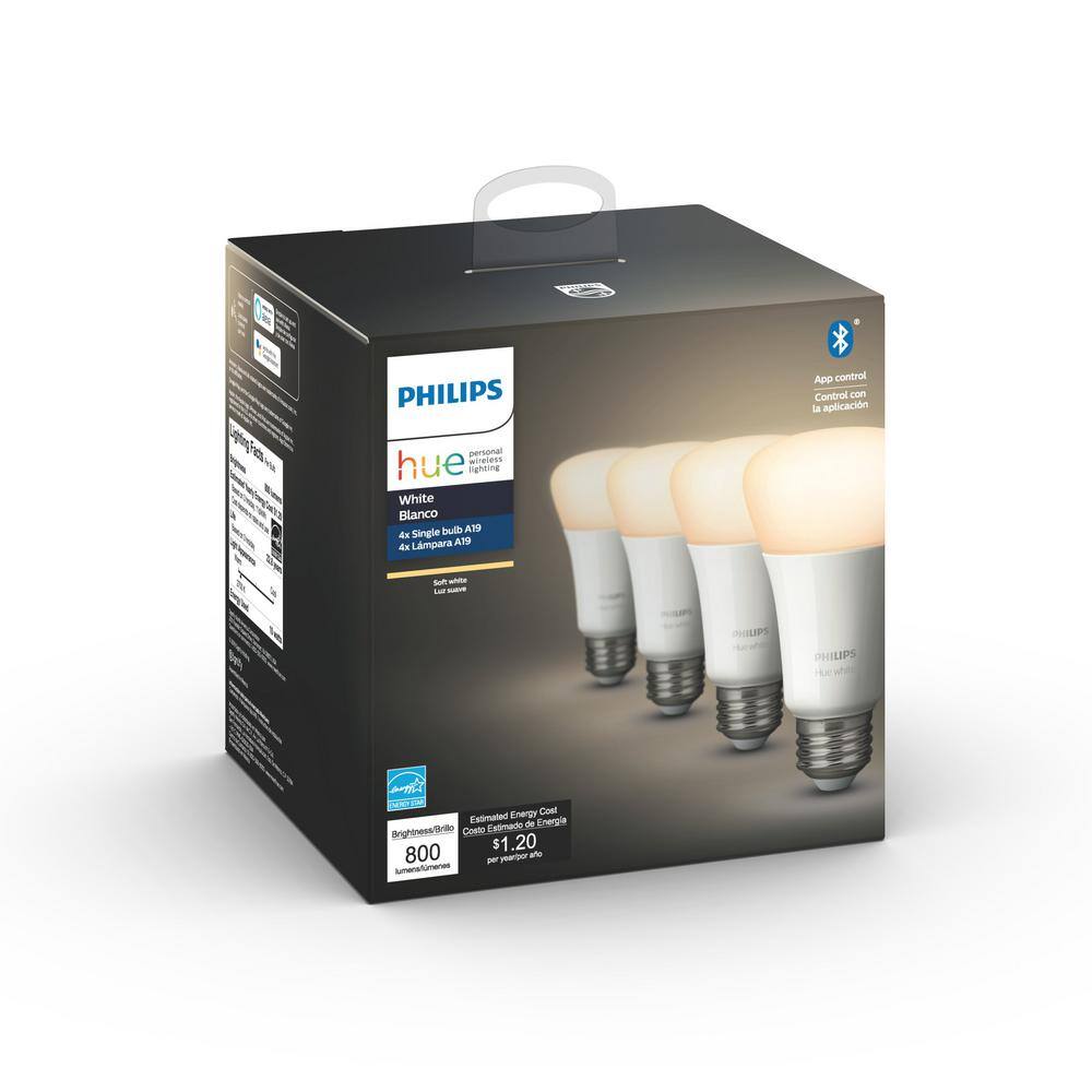 Philips Hue 60-Watt Equivalent Soft White A19 Dimmable LED Smart Light Bulb 2700K (4-Pack) 476977