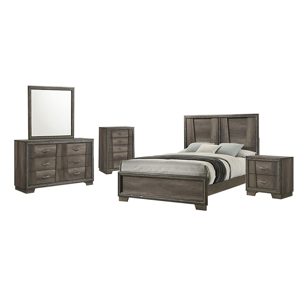 Wooden Panel Bedroom Set with Glittering Strip Design in Grey