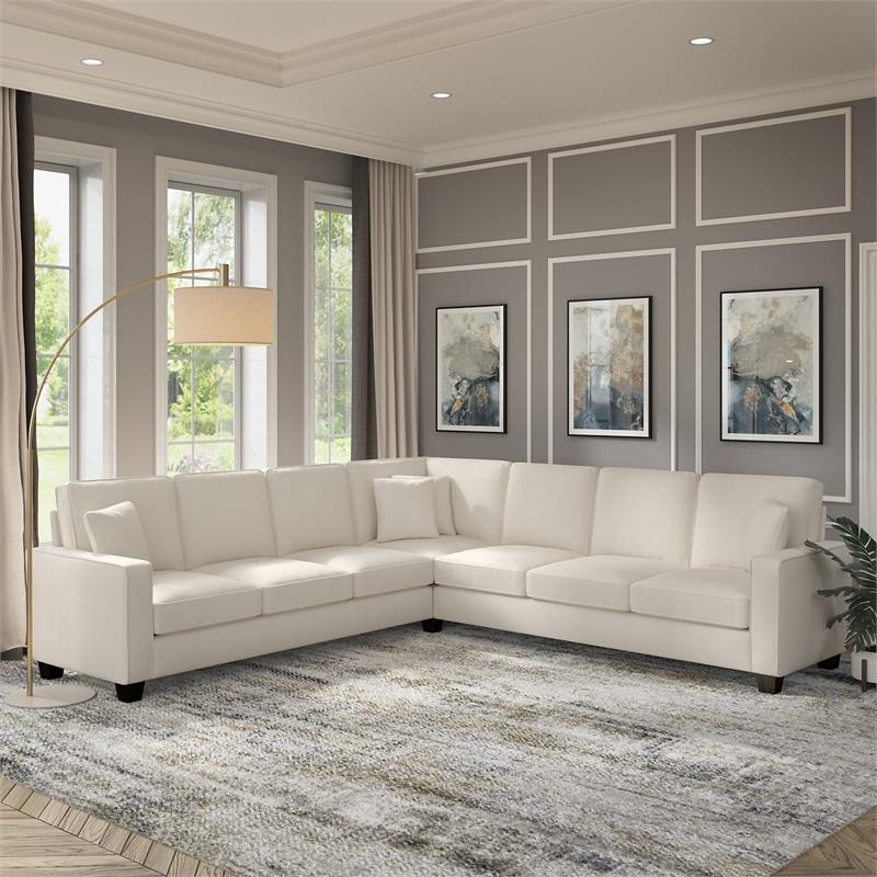 Stockton 110W L Shaped Sectional Couch in Beige Herringbone Fabric   Transitional   Sectional Sofas   by Homesquare  Houzz