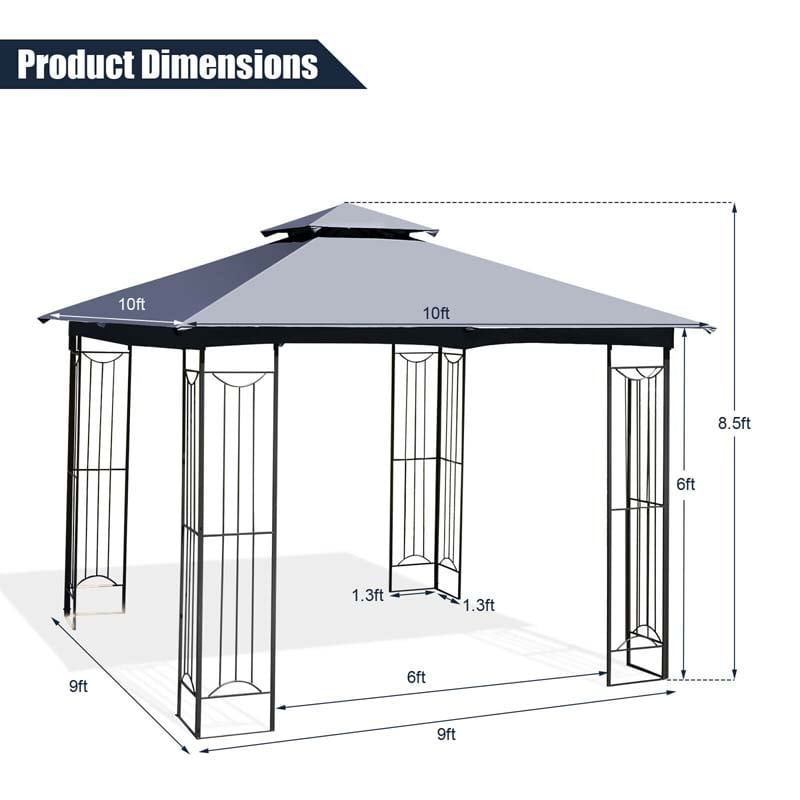 10 x 10 FT Steel Frame Patio Gazebo with 2 Tier Vented Roof, Heavy-Duty Outdoor Canopy Gazebo Tent