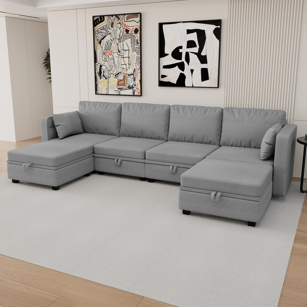 6 Piece Modular U Shaped Sectional Sofa  Linen Fabric Couch with Reversible Chaise and Storage Ottomans  Living Room Furniture