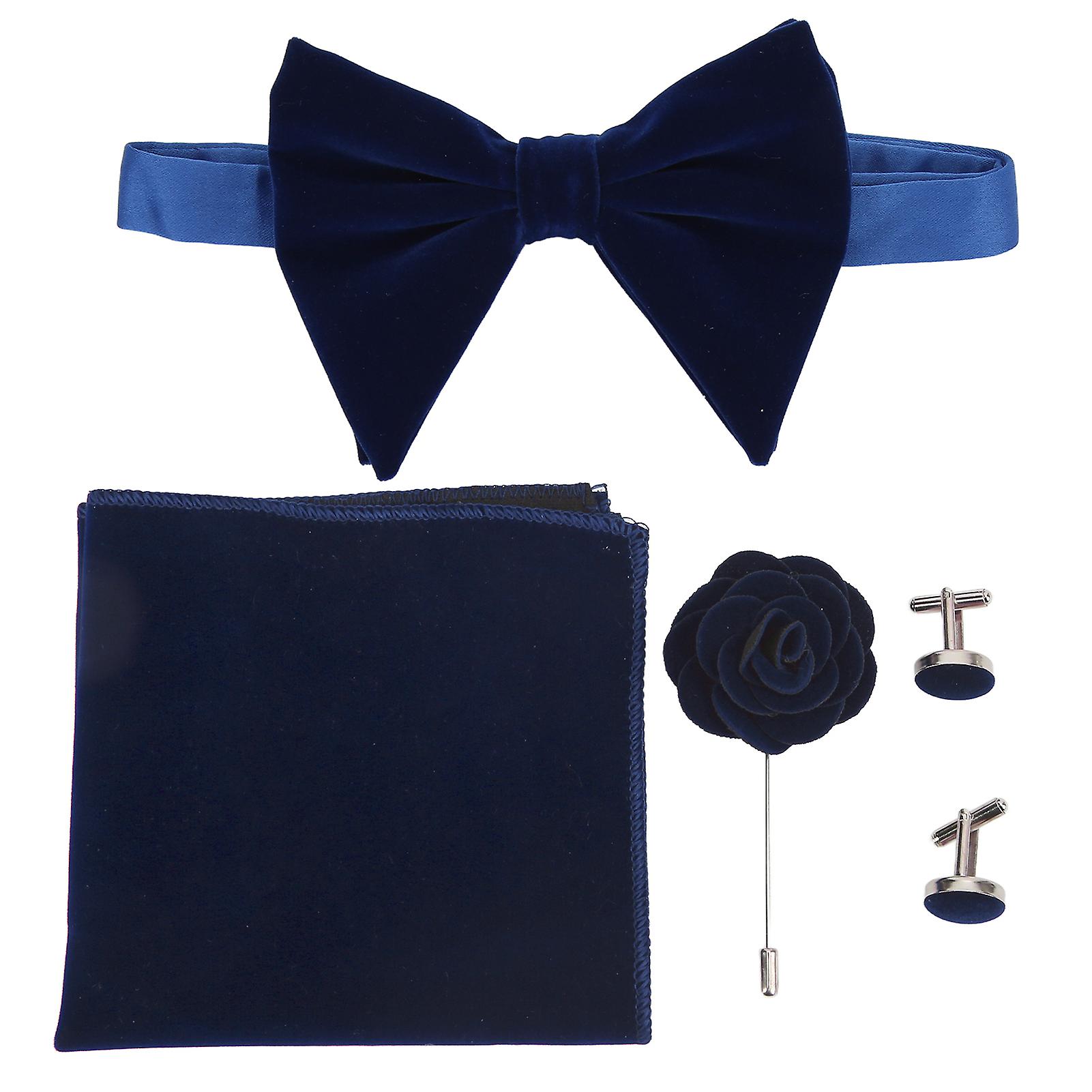 5pcs Tie Bow Set Easy Handle Classic Elegant Men's Tie Bows Pocket Square Cufflinks Corsage For Birthday Giftdark Blue