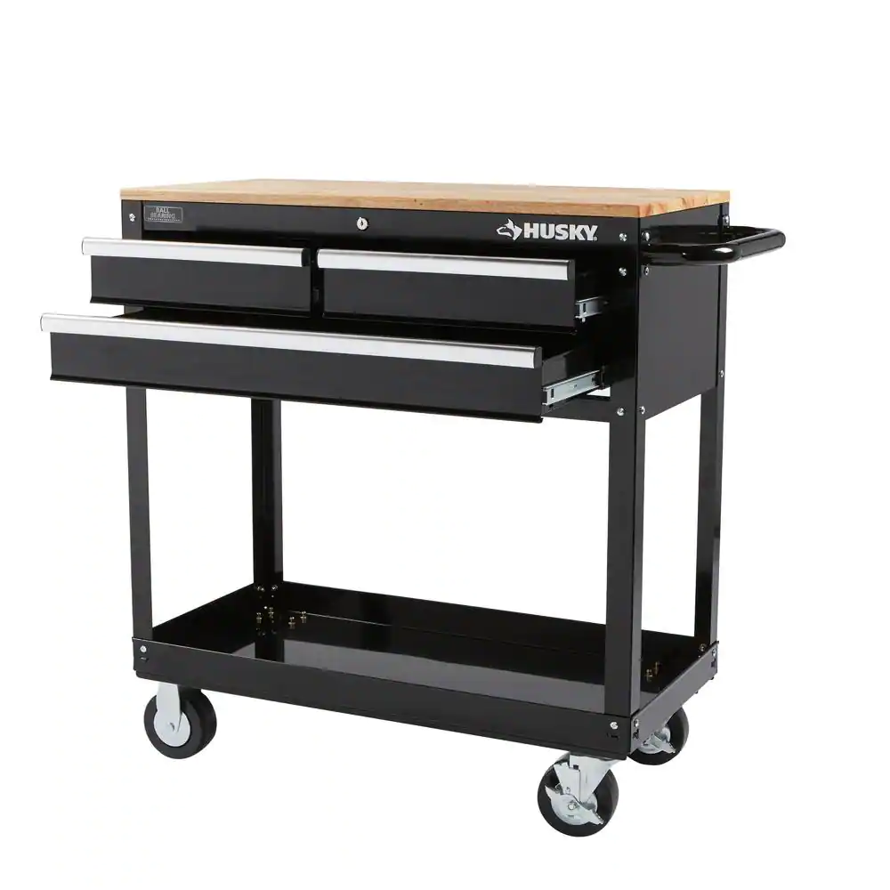 Husky HOUC3603B1QWK 36 in. W x 17 in. D Standard Duty 3-Drawer Rolling Tool Cart with Hardwood Top in Gloss Black