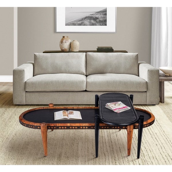 50， 39 Inch 2 Piece Oval Acacia Wood and Metal Nesting Coffee Table Set， Brown and Black