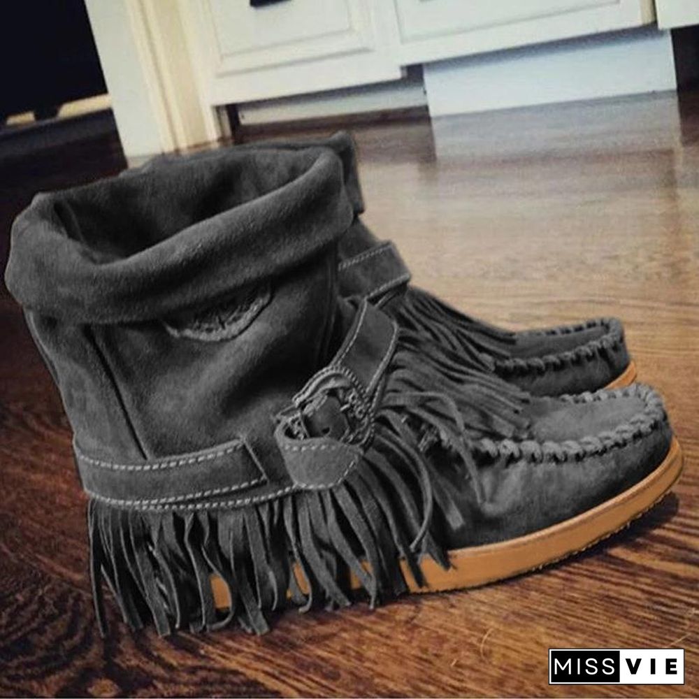 Women's Fringe Round Toe Retro Boots