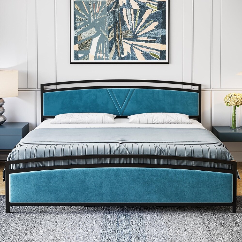 Velvet Upholstered Bed Frame with Tufted Headboard