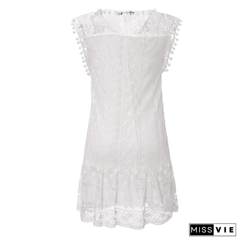 Women Hollow Out Lace Mini Dress Casual Evening Party Tassel Sleeveless White isfang