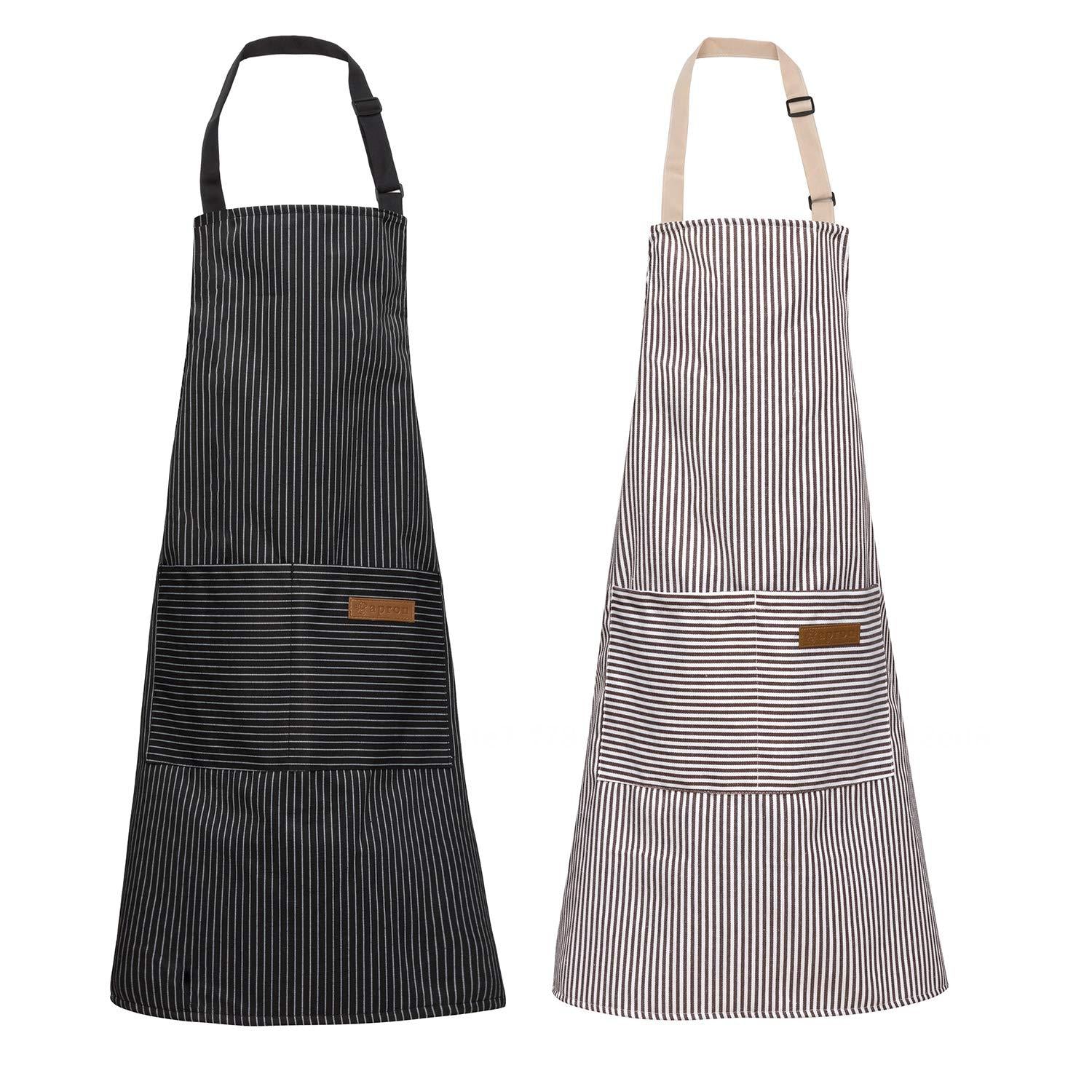 bangyoudaoo 2-piece Adjustable Bib Apron with 3 Pockets Cooking Kitchen Apron Barbecue Painting Female Male chef Pinstripe Black+Gray E