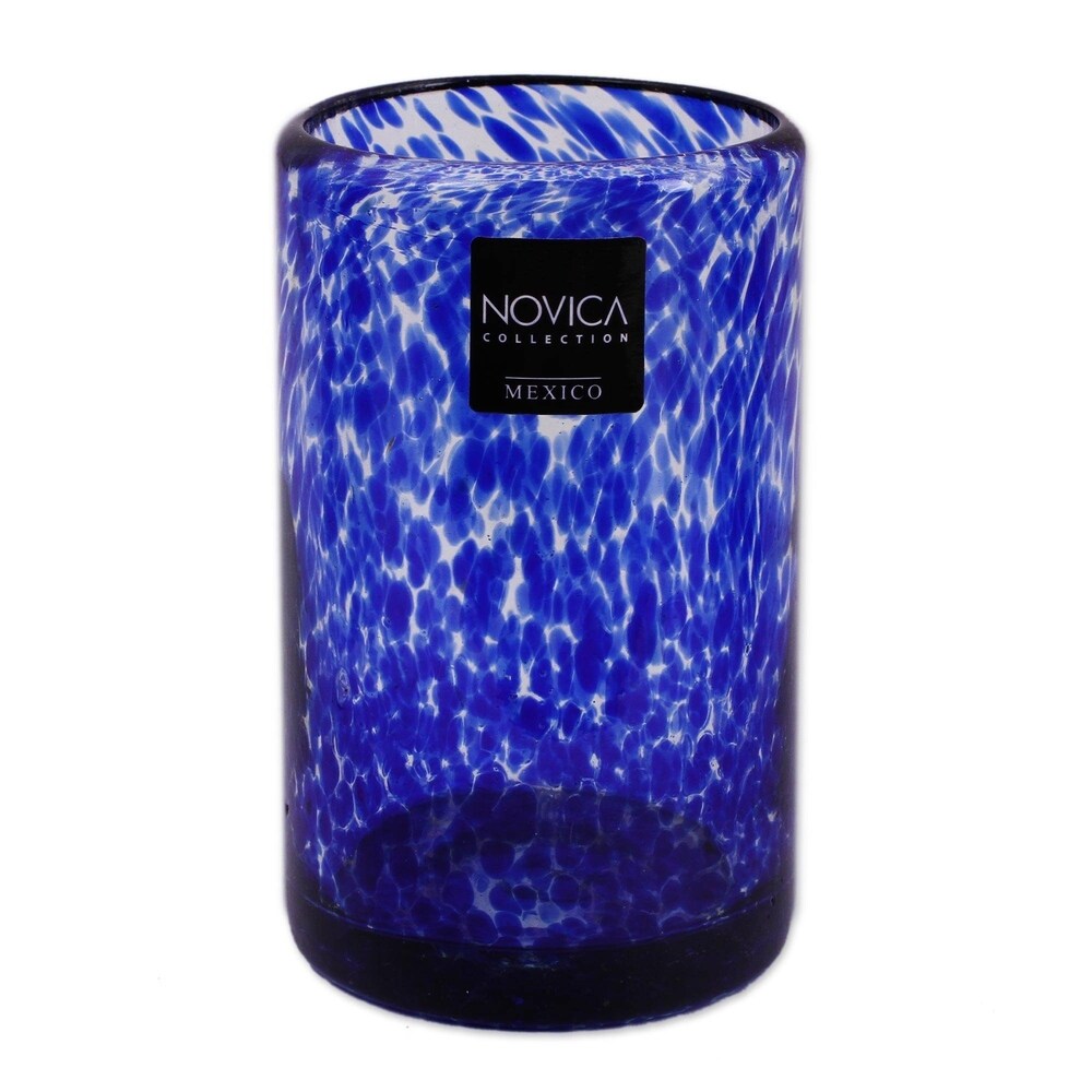 NOVICA Artisan Handblown Recycled Drinking Glasses Unique Water Tumblers Blue Mexican Tableware 'Marine'(Set of 6)