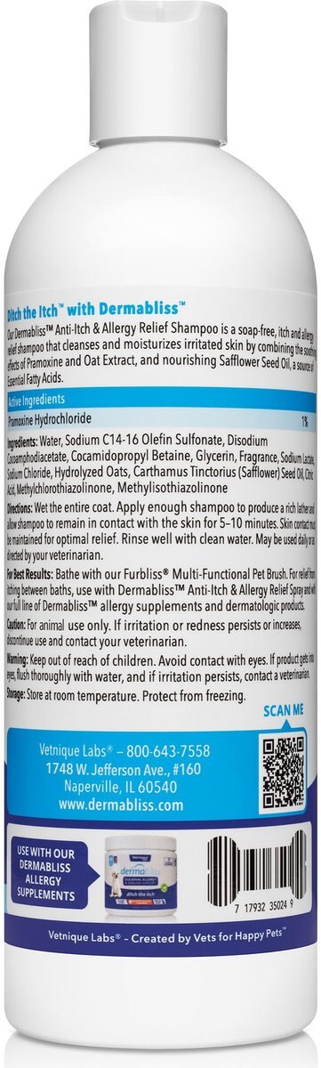 Vetnique Labs Dermabliss Medicated Anti-Itch and Allergy Relief Soothing Oatmeal Medicated Dog and Cat Shampoo， 16-oz bottle