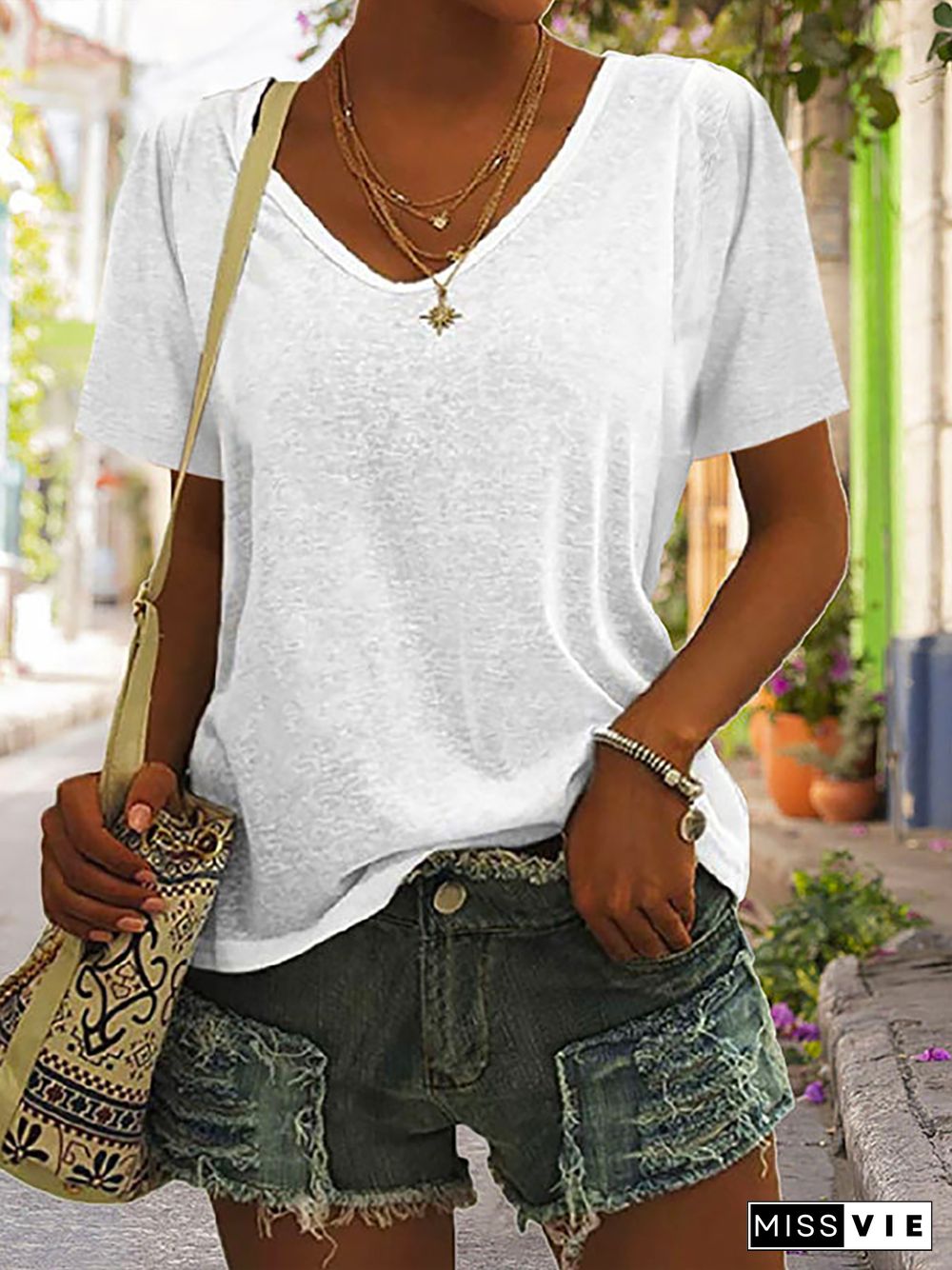 Plus size Casual Short Sleeve Plain T-Shirt