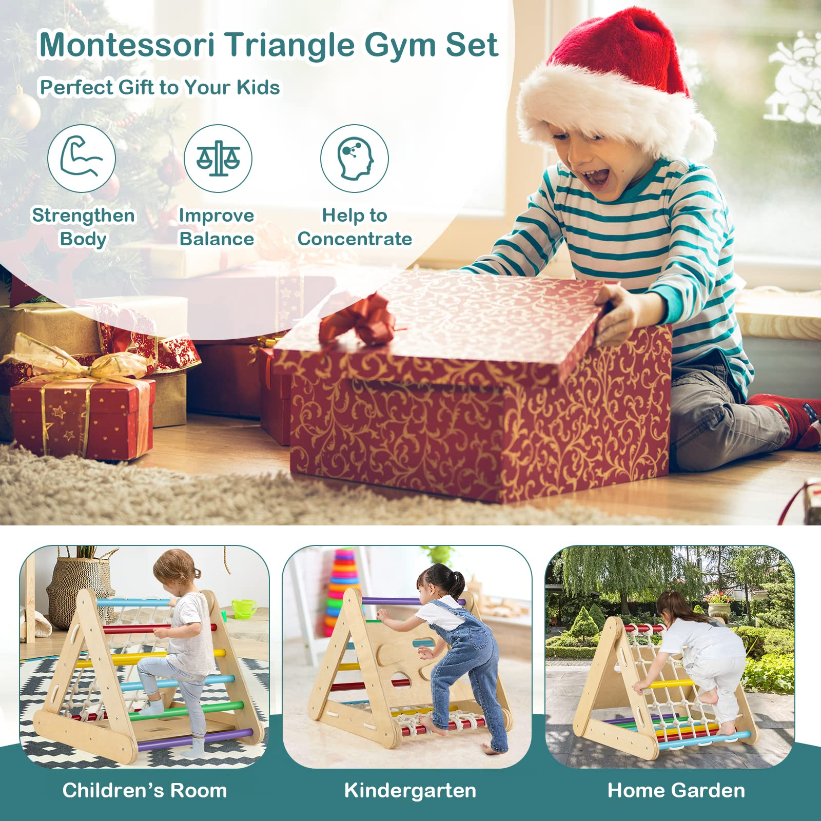 Costzon 4 in 1 Climbing Toy for Toddlers, 3-Sided Montessori Wooden Triangle Climber with Sliding Ramp, Climbing Net & Board